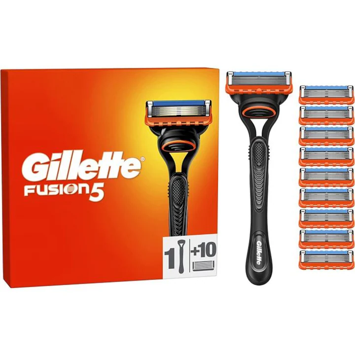 aparat de ras Gillette Fusion 5, cu 5 lame, pachet cu 10 rezerve, negru