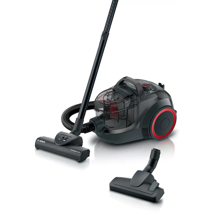 aspirator bosch serie 4, cu tehnologia power aircycle, cu filtru HEPA, negru cu roti rosii
