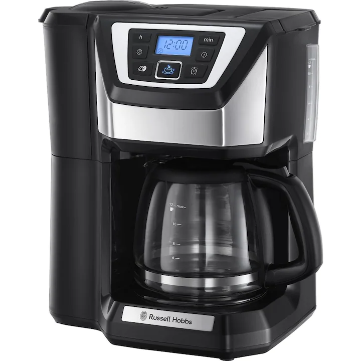 cafetiera Russell Hobbs, cu rasnita, indicator nivel apa, negru