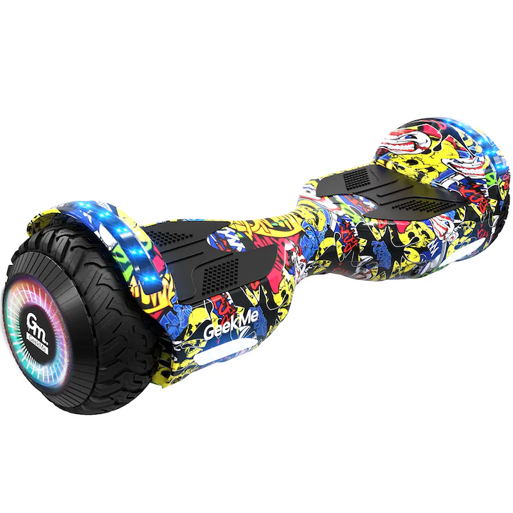 hoverboard GeekMe cu difuzoare Bluetooth, culori vibrante, atinge o viteza maxima de 14km/h