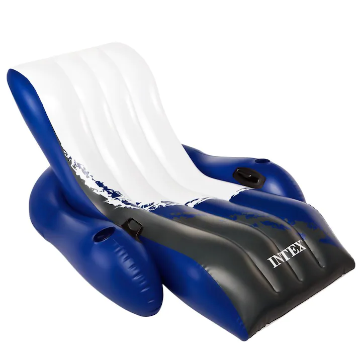 sezlong gonflabil albastru cu alb si negru foarte relaxant potrivit pentru piscina si plaja