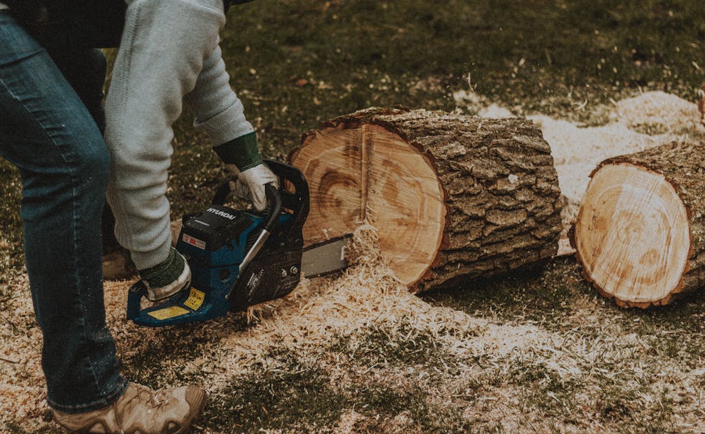 Side view of anonymous male worker in gloves with professional chainsaw sawing stump in half on grassy area in countryside