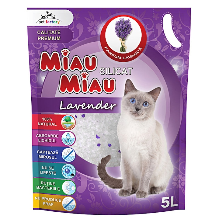 nisip pisici miau miau silicat, cu aroma de lavanda, usor de intretinut, ieftin
