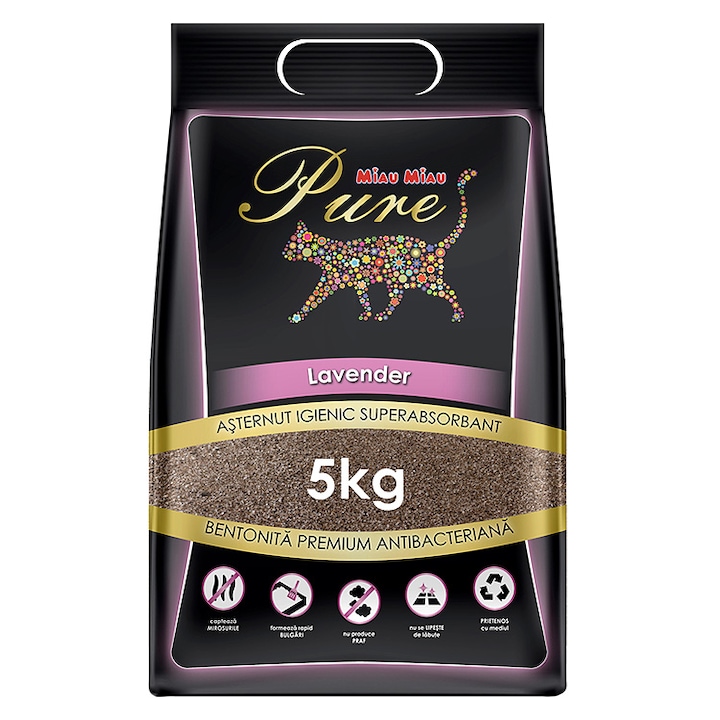 nisip pentru pisici miau miau, lavanda, 5kg, biodegradabil, antibacterian